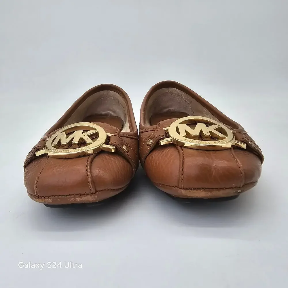 Michael Kors Fulton Moc Flats Brown Pebbled Leather Gold Metal Logo Women's 9.5M